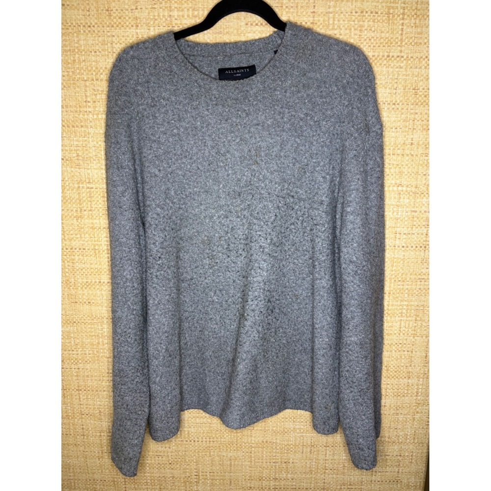 AllSaints Mens Large Grey Oversized Fit Crew Neck Textured Cotton Blend Sweater